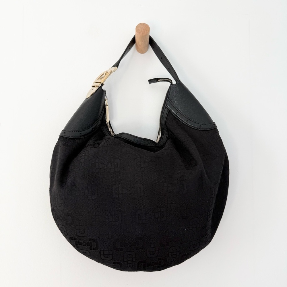 VIntage Gucci Y2K Black Horsebit Monogram Canvas Hobo Shoulder Bag - Large - Picture 4 of 10